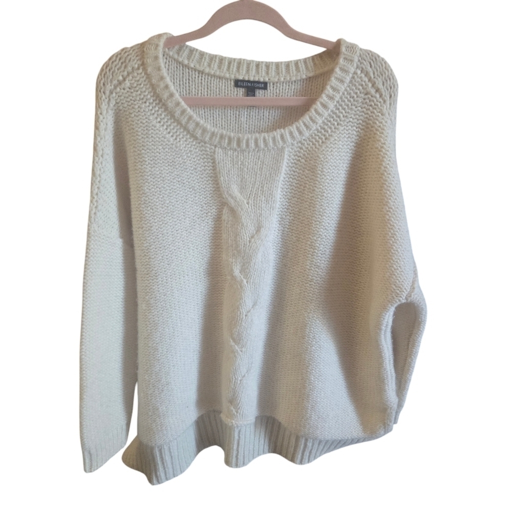 Eileen Fisher Oversized Baby Alpaca Sweater Cream  Cable Knit Pattern Size XL